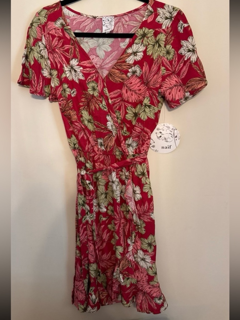 NAIF Red Floral Wrap Midi Dress